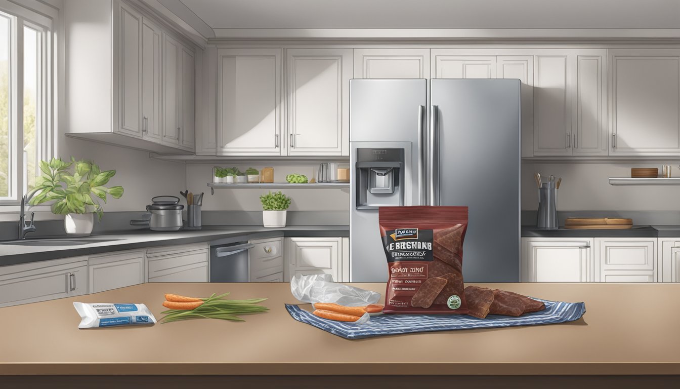 A sealed bag of jerky sits on a kitchen counter next to a refrigerator