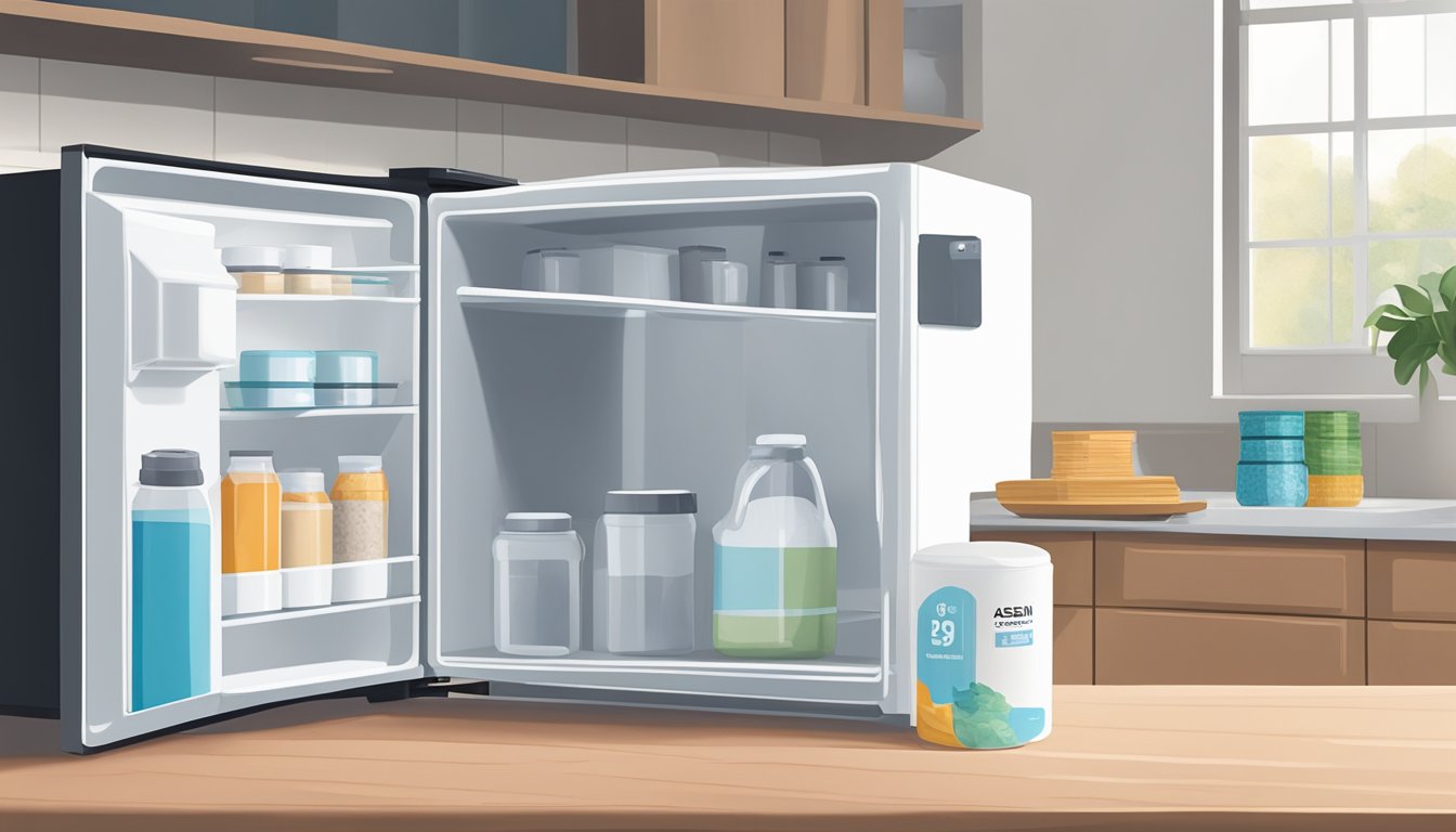 A sealed container of casein protein powder sits on a kitchen counter, next to a refrigerator. The refrigerator door is slightly ajar, indicating the possibility of refrigeration