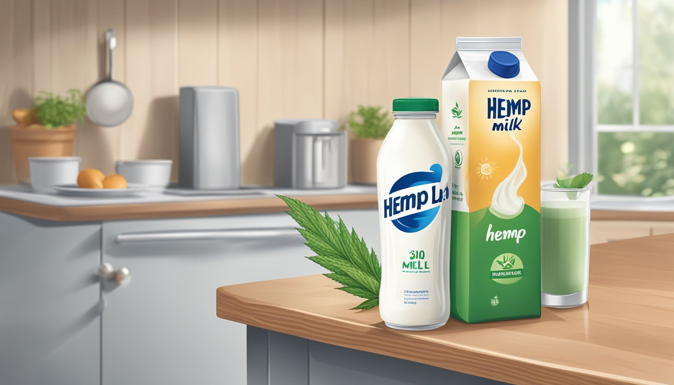 A carton of hemp milk sits on a kitchen counter next to a refrigerator. The carton is open with a few drops of milk spilling out