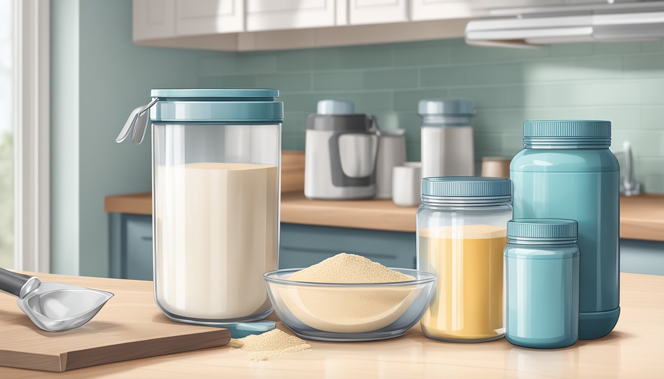 A sealed container of casein protein powder sits on a kitchen counter next to a shaker bottle and a measuring scoop