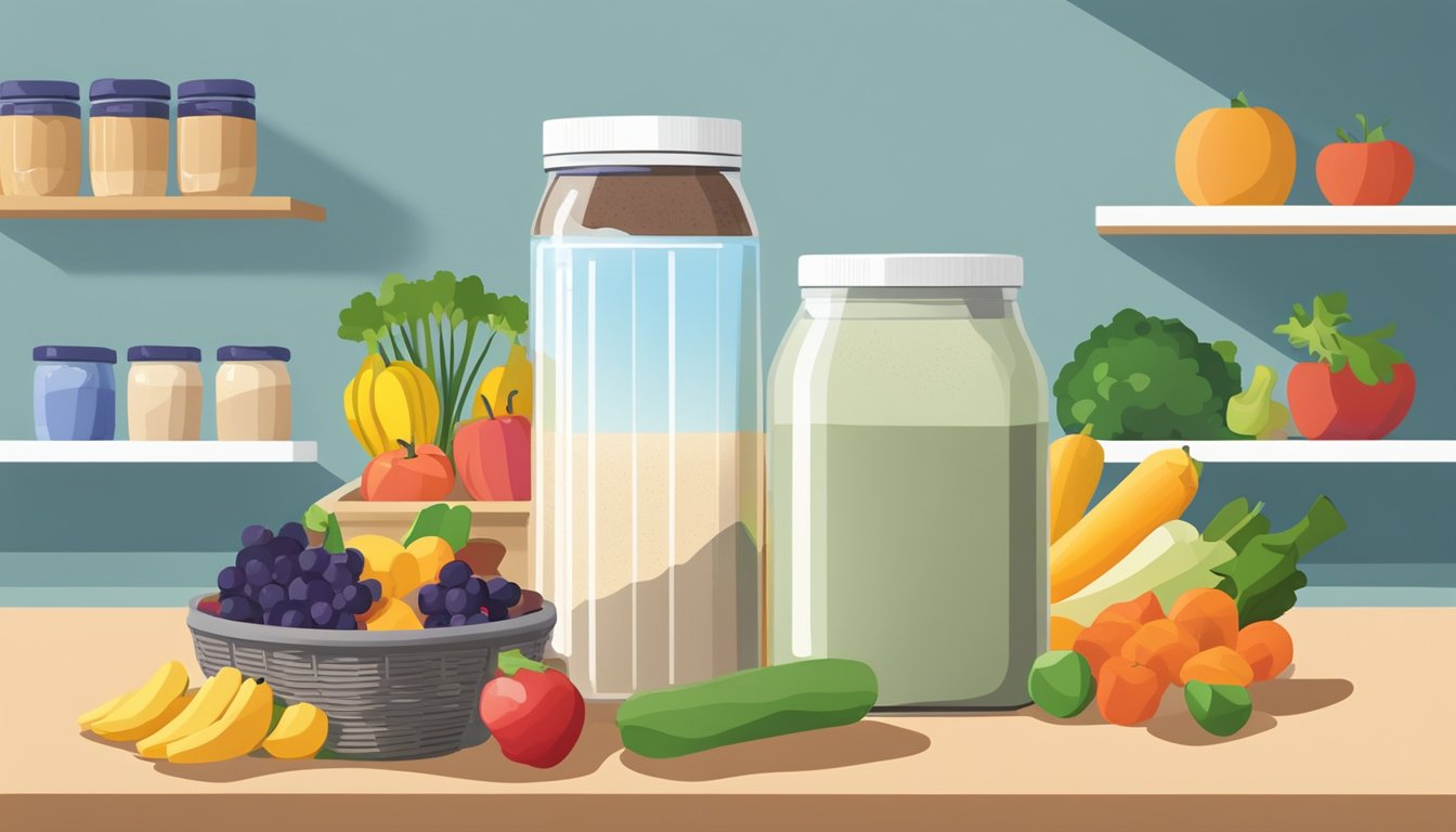 A jar of casein protein powder sits on a kitchen shelf next to a basket of fresh fruits and vegetables. The refrigerator door is open, with a question mark hovering above it