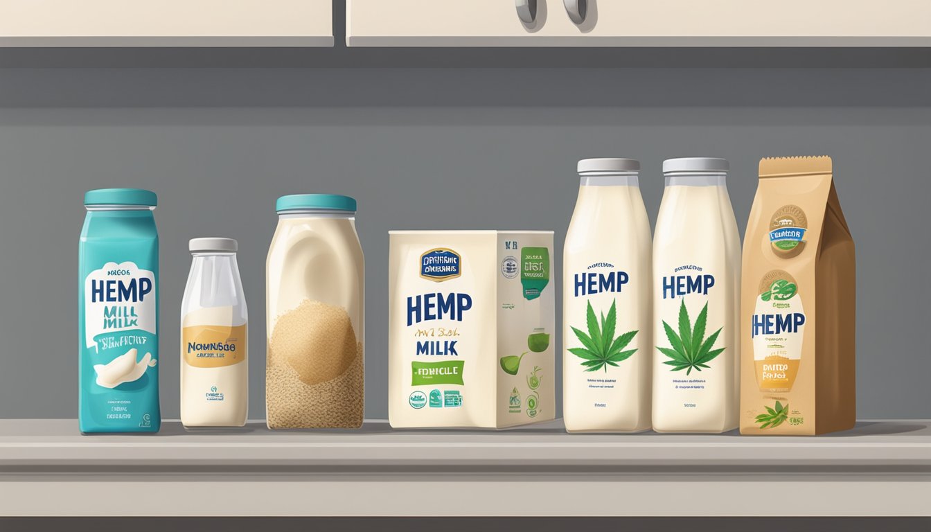 A kitchen shelf with a carton of hemp milk next to other non-perishable items, with no refrigerator in sight