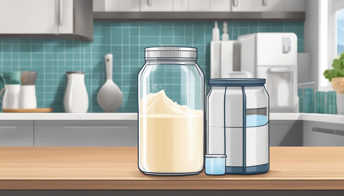 A container of casein protein powder sits on a kitchen counter, with an open refrigerator door nearby. The powder is shown being poured into a glass of milk