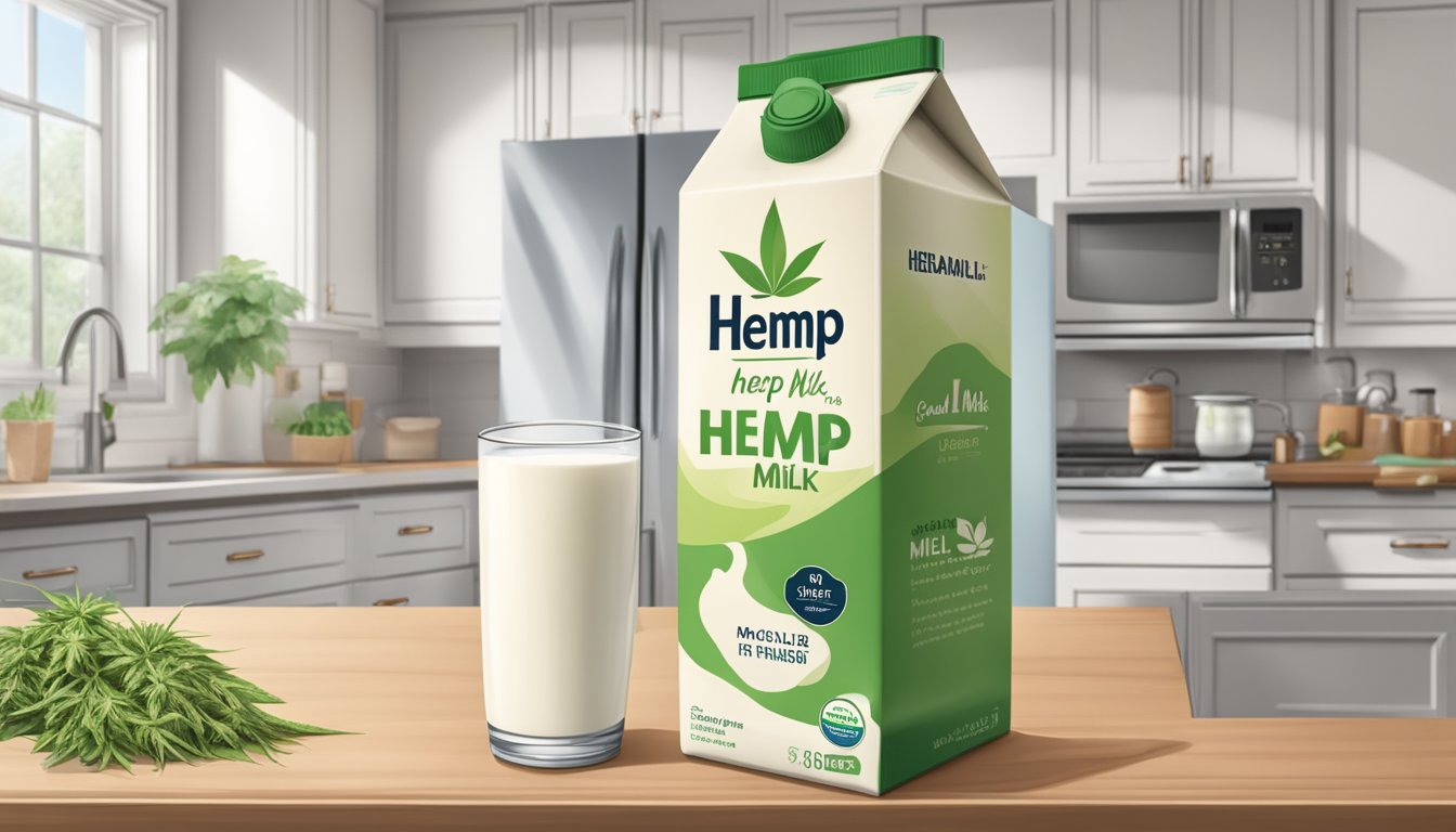 A carton of hemp milk sits on a kitchen counter, unopened. A refrigerator is visible in the background, but the milk remains unrefrigerated