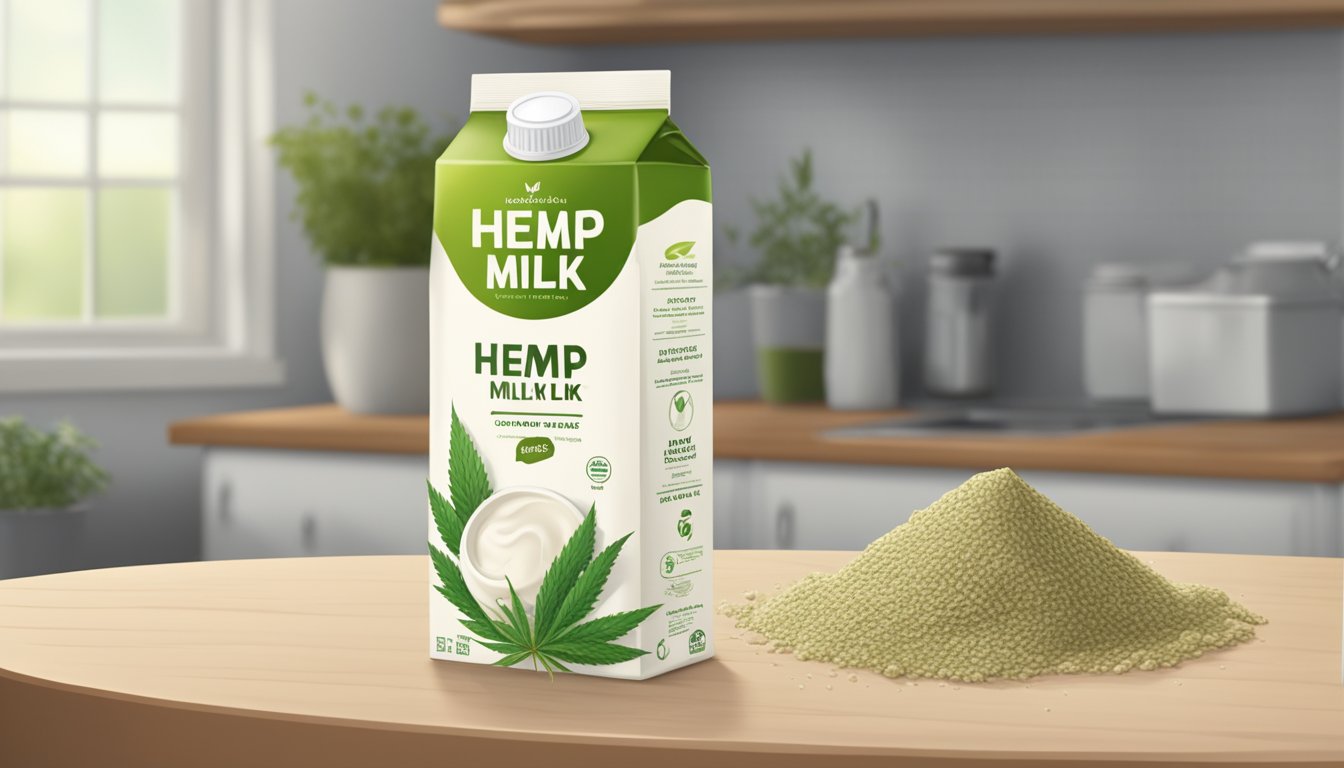 A carton of hemp milk left out on a countertop, with visible signs of spoilage such as curdled texture and sour smell