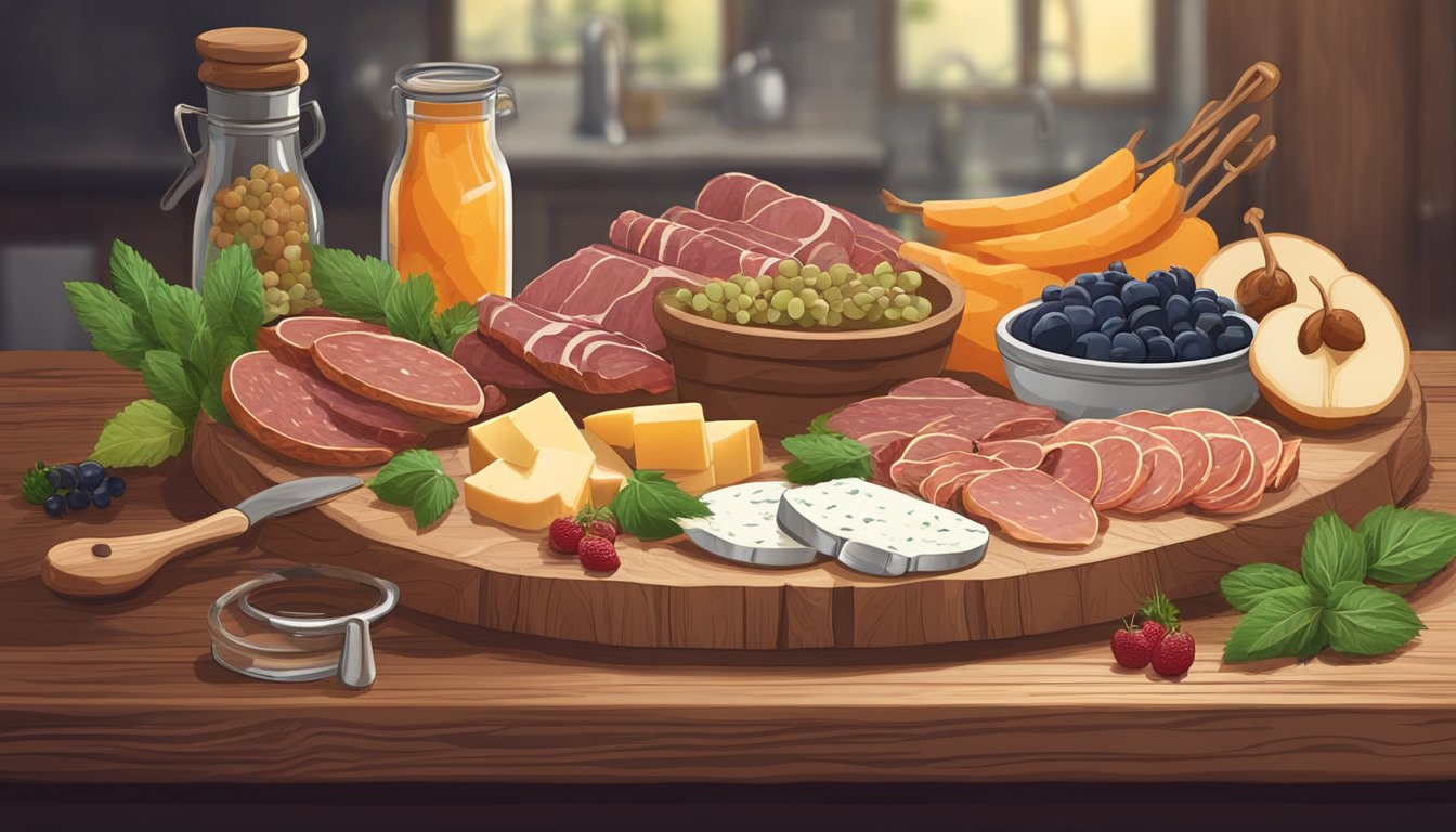 A charcuterie board with assorted cured meats, cheeses, and fruits displayed on a wooden platter. A rustic kitchen background with hanging herbs and vintage utensils