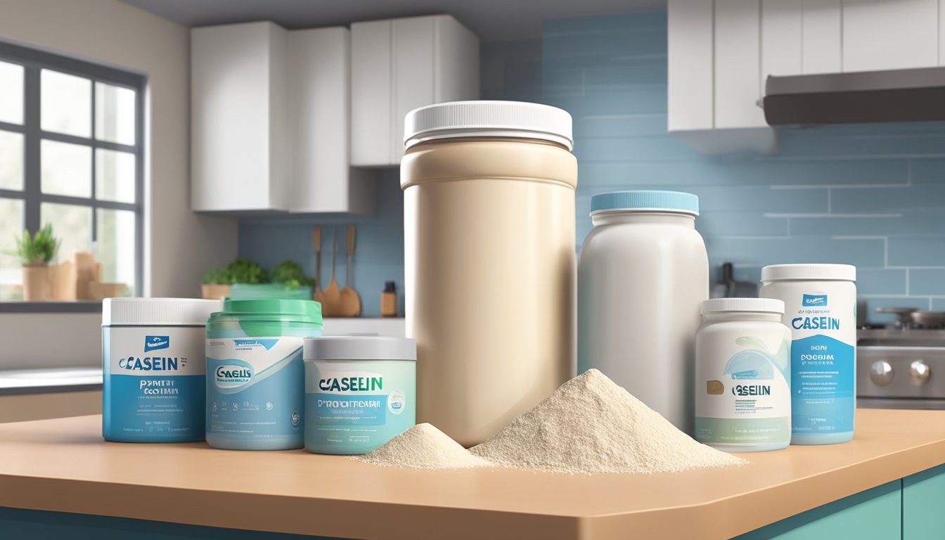 A container of casein protein powder sits on a kitchen counter, next to a refrigerator. The powder is surrounded by various types of protein powders in different containers