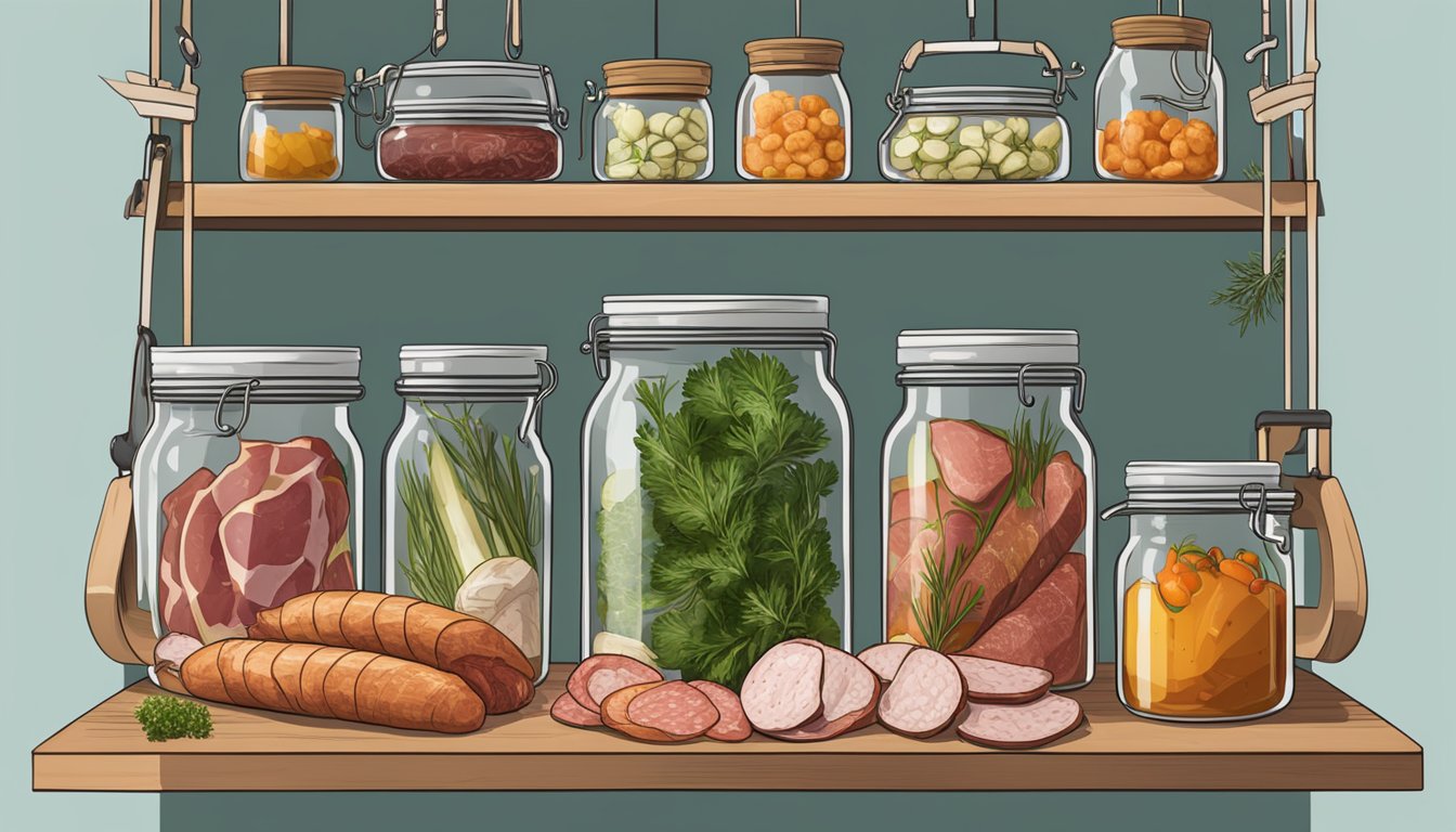 A pantry shelf with various cured meats hanging from hooks, surrounded by jars of pickled vegetables and herbs