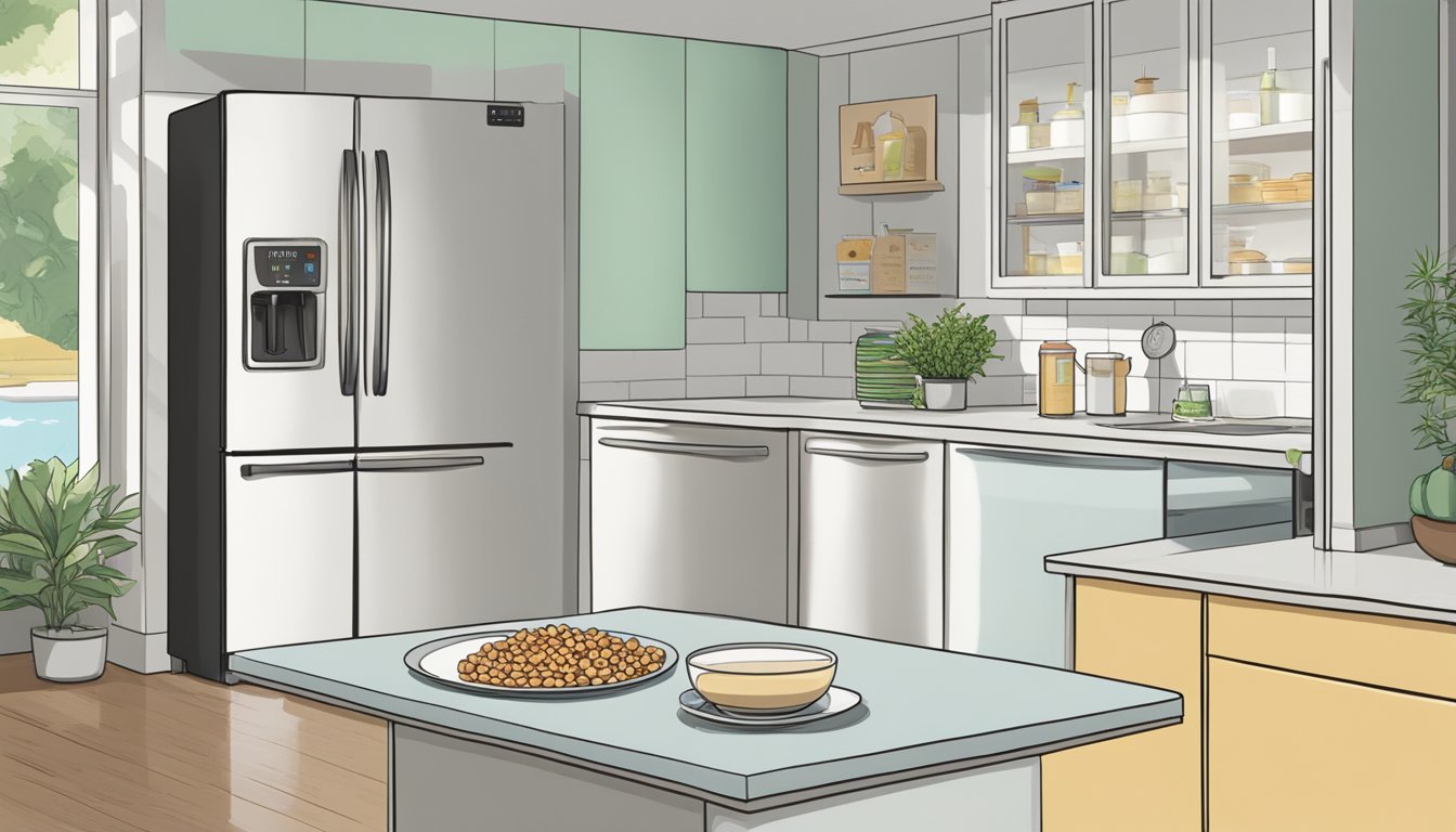 A carton of hemp milk sits on a kitchen counter next to a bowl of cereal and a spoon. The refrigerator door is open, showing other dairy alternatives inside