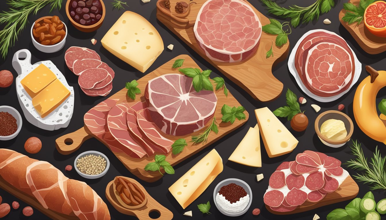 A variety of cured meats arranged on a wooden cutting board with a selection of cheeses and fruits, all surrounded by decorative herbs and spices