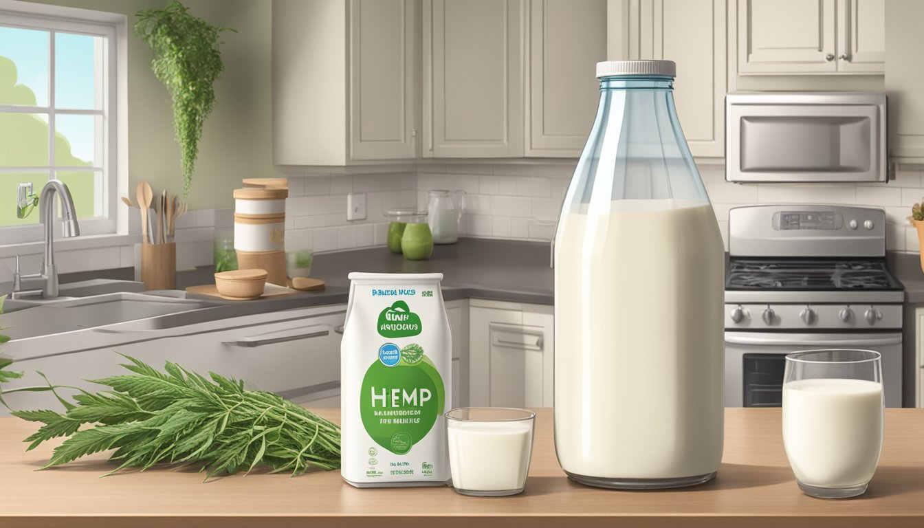 A carton of hemp milk sits on a kitchen counter next to other plant-based milk alternatives, with a refrigerator in the background