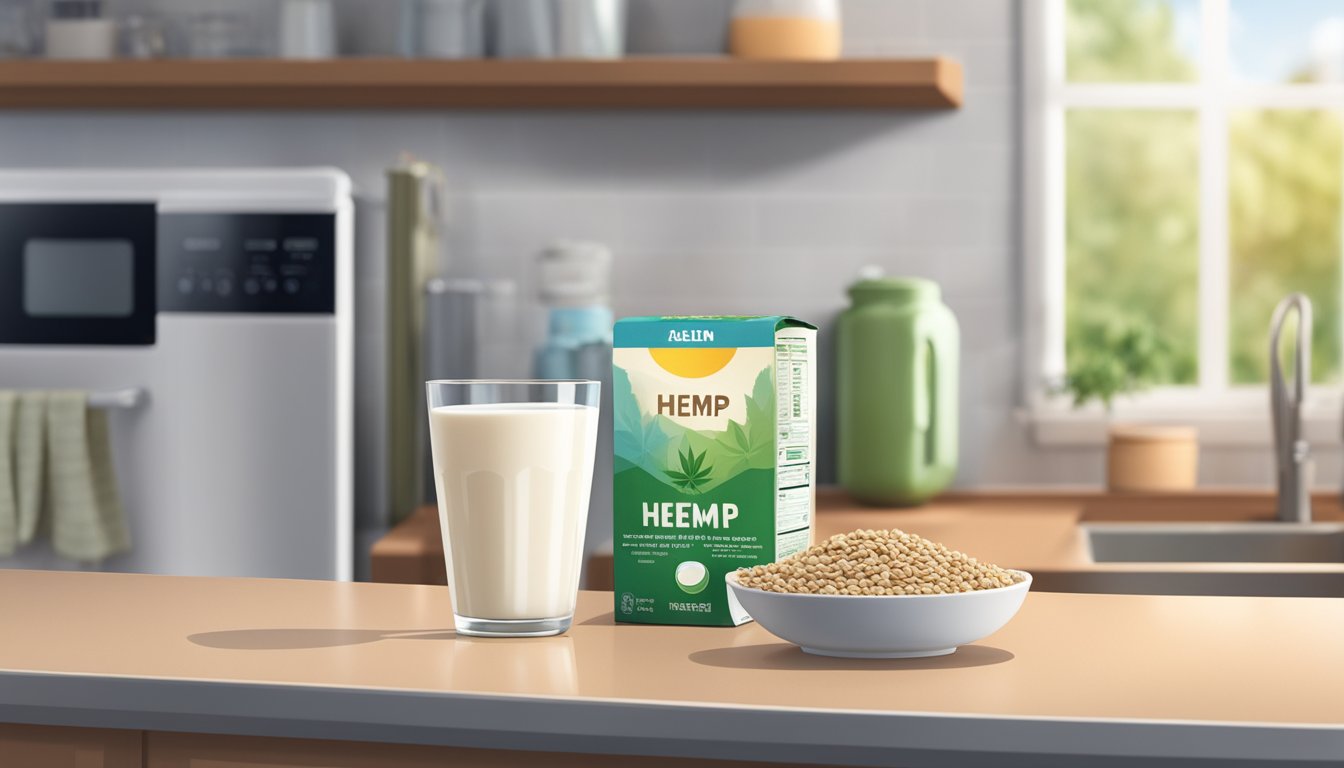 A glass of hemp milk sits on a kitchen counter next to a bowl of cereal, with a refrigerator door slightly ajar in the background