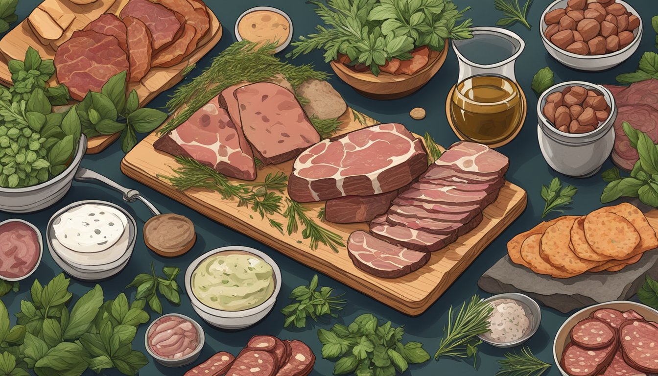 A charcuterie board with fresh herbs and vibrant, unspoiled cured meats next to a separate pile of wilted herbs and discolored, spoiled meats