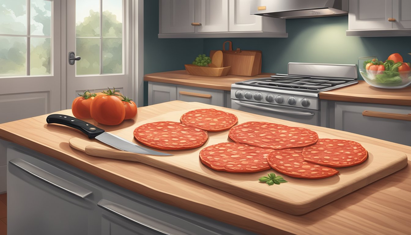 A package of pepperoni sitting on a kitchen counter next to a cutting board and knife. A refrigerator is visible in the background