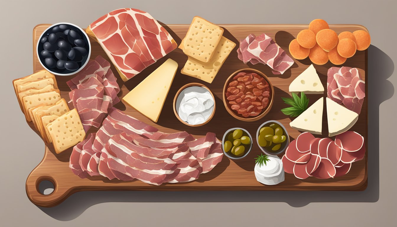 A wooden charcuterie board with an assortment of cured meats, including prosciutto, salami, and pepperoni, displayed alongside cheese, olives, and crackers