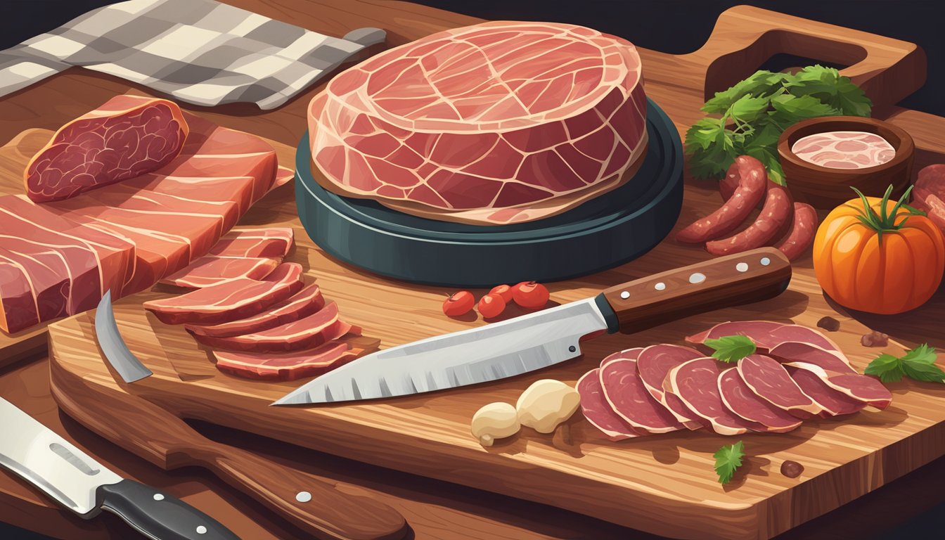 A rustic wooden cutting board with an assortment of cured meats, a sharp knife, and a vintage meat slicer on a kitchen counter