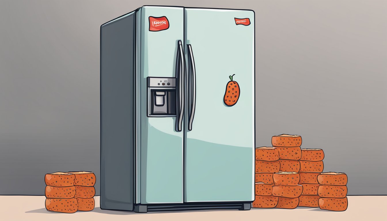 A refrigerator with a pack of pepperoni next to it, with a question mark above the pepperoni