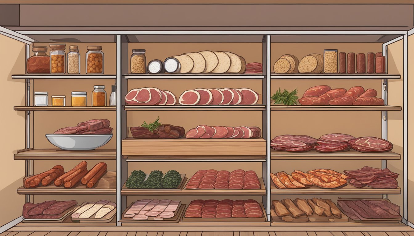 A pantry shelf with various types of cured meats, such as salami, prosciutto, and chorizo, neatly arranged in a cool, dry environment