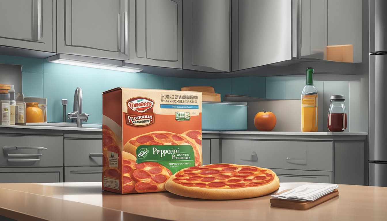 A package of unopened pepperoni sits on a kitchen counter next to a refrigerator