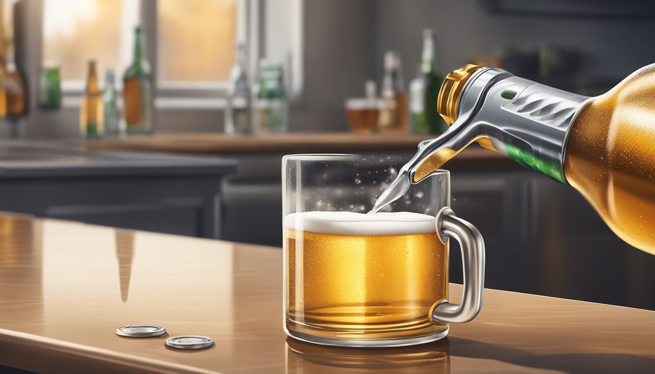 An opened beer sits on a countertop next to a bottle opener, with condensation forming on the outside of the bottle