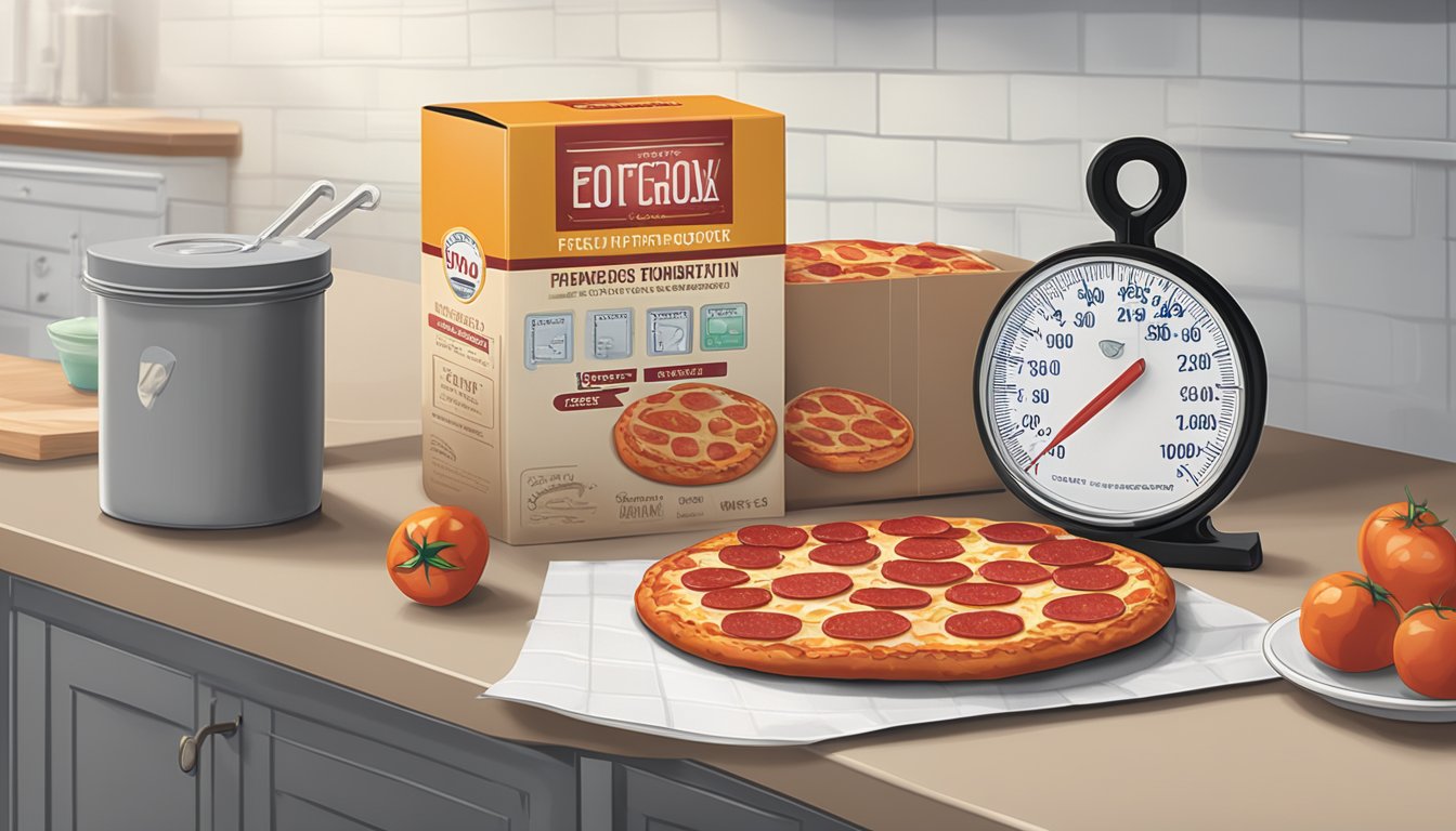 A package of pepperoni sits on a kitchen counter next to a thermometer reading below freezing