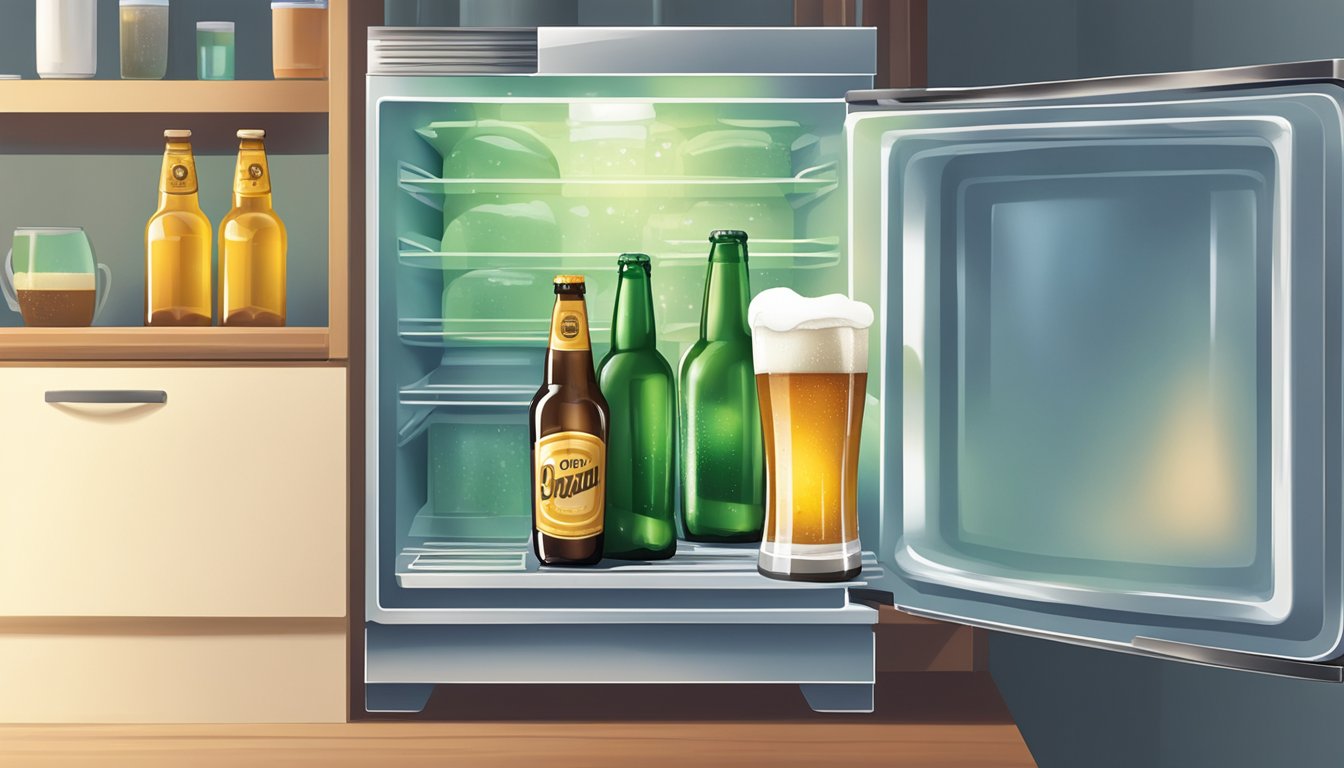 An open beer sits on a shelf next to a refrigerator, with condensation forming on the bottle