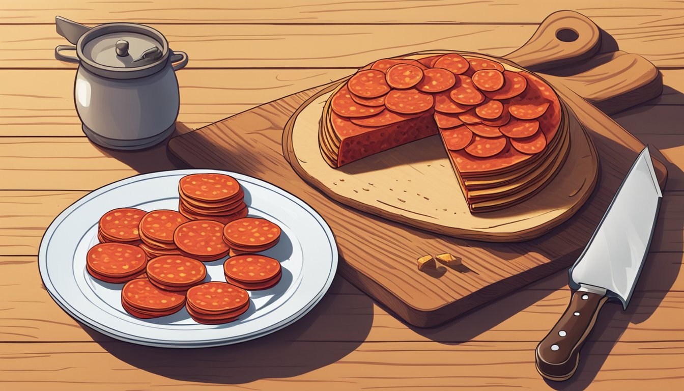 A plate of sliced pepperoni sits on a wooden cutting board next to a knife and a small stack of crackers