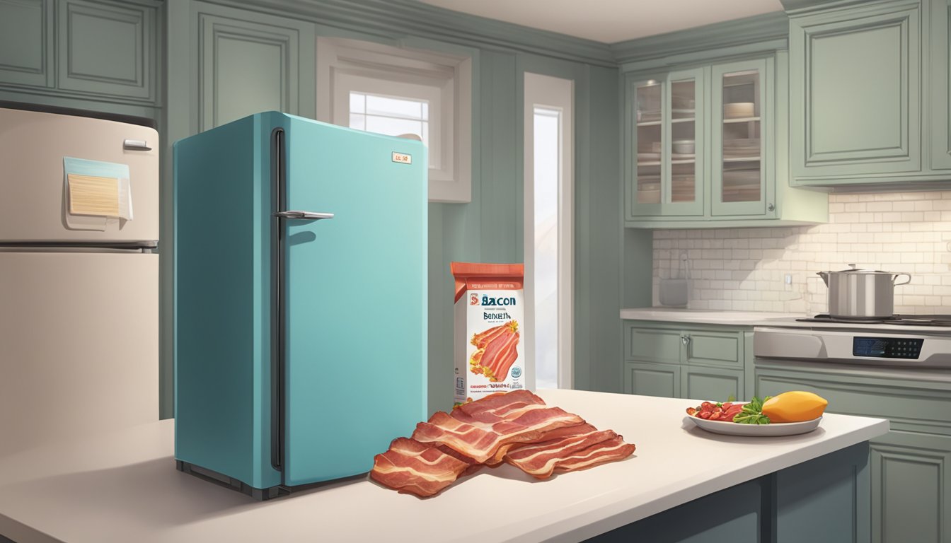 A package of bacon sits on a kitchen counter next to a refrigerator, with a question mark hovering above it