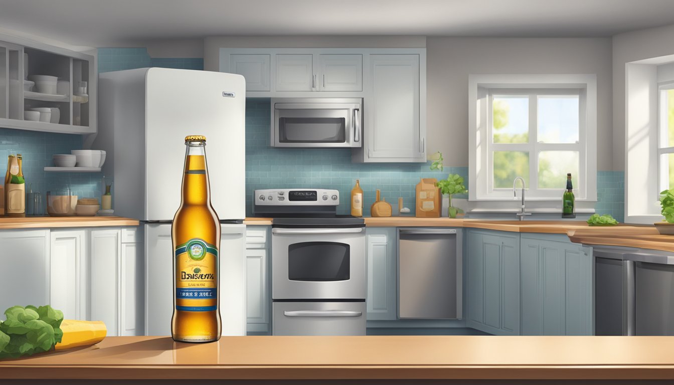 An open beer bottle sits on a kitchen counter next to a refrigerator