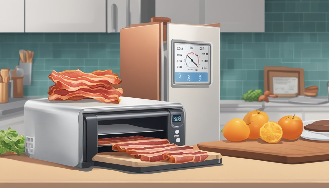 A package of bacon sits on a kitchen counter next to a thermometer and a refrigerator. The bacon is unopened and appears to be at room temperature