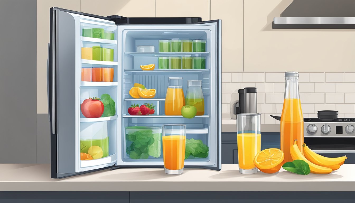 A glass of opened juice sits on a kitchen counter next to a refrigerator. The refrigerator door is slightly ajar, indicating the option to refrigerate the juice for preservation