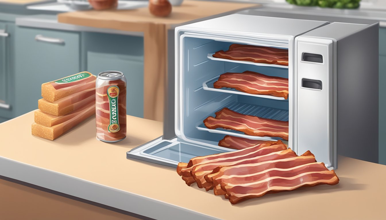 A package of bacon sitting on a kitchen counter next to a refrigerator