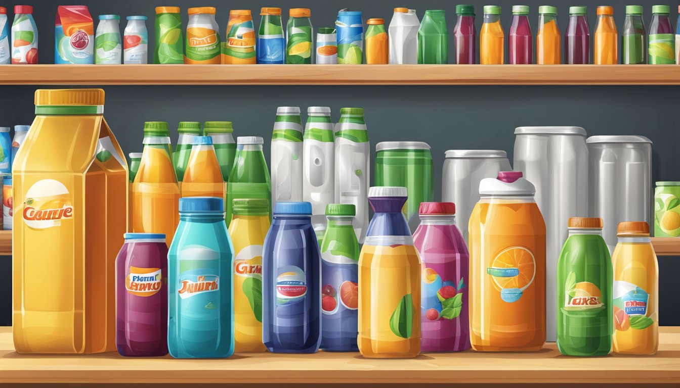 A variety of juice containers, including cartons, bottles, and cans, are shown with a refrigerator in the background