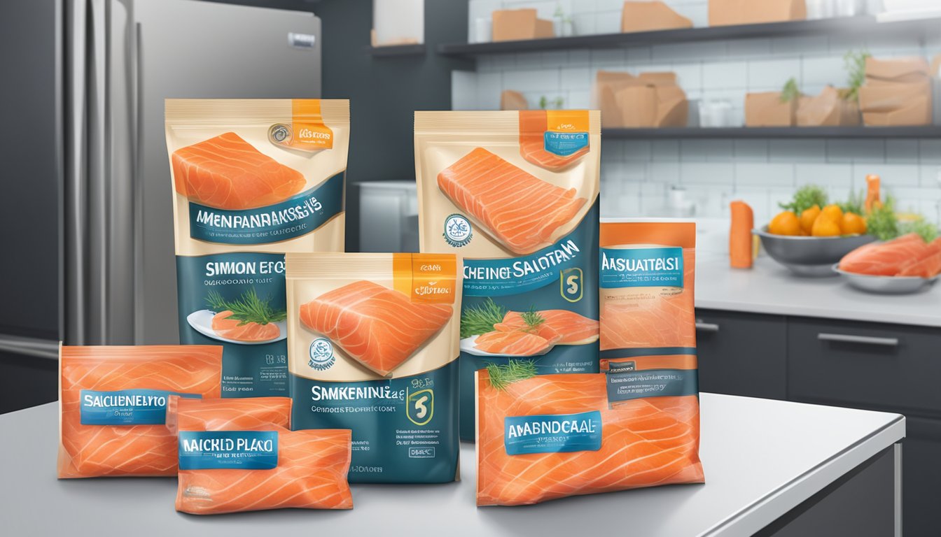 A variety of smoked salmon packages displayed on a kitchen counter, with a refrigerator in the background