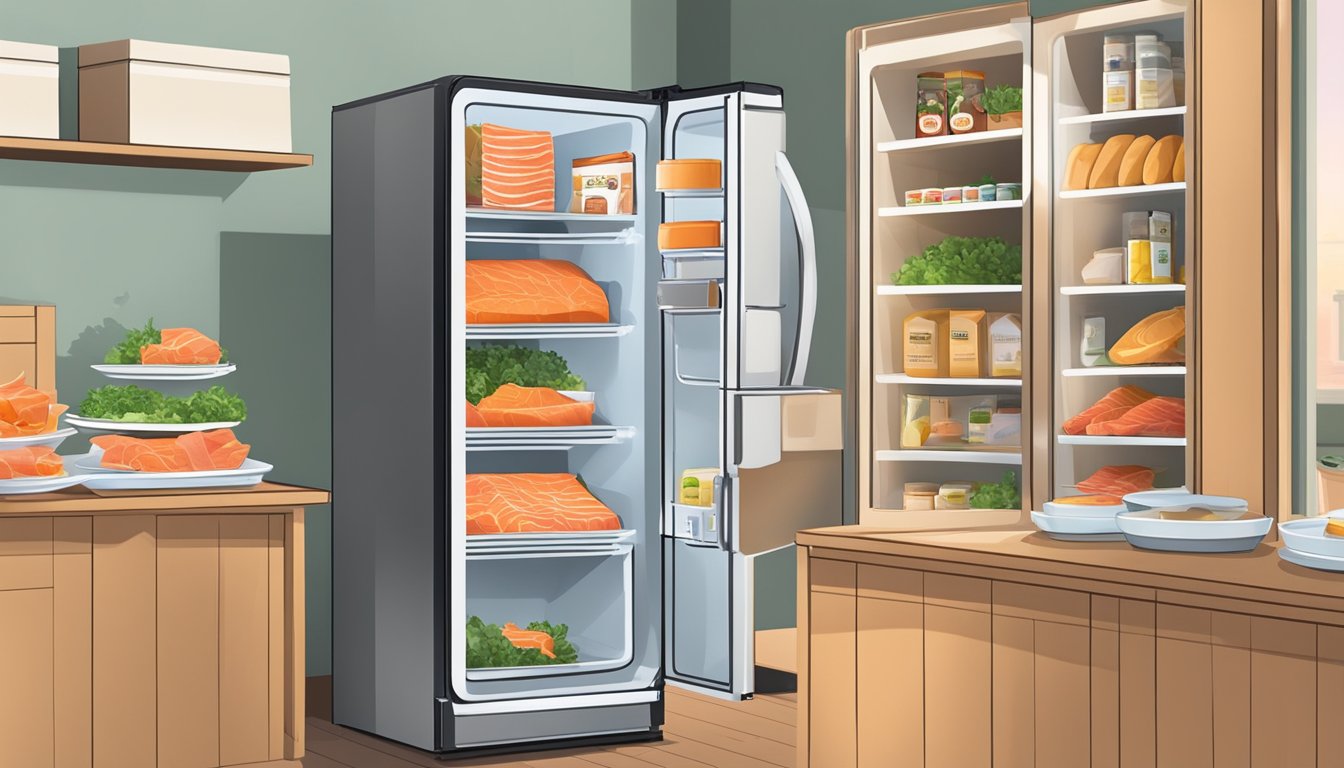 A refrigerator with a package of smoked salmon placed on a shelf, next to other food items