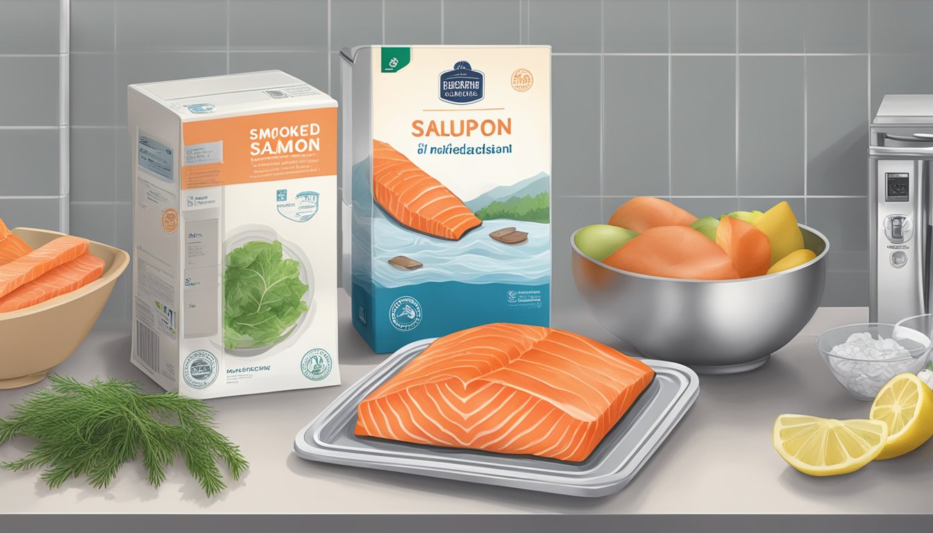 A package of smoked salmon sits on a kitchen counter next to a refrigerator. The salmon is unopened, and the packaging indicates that it does not need to be refrigerated until opened