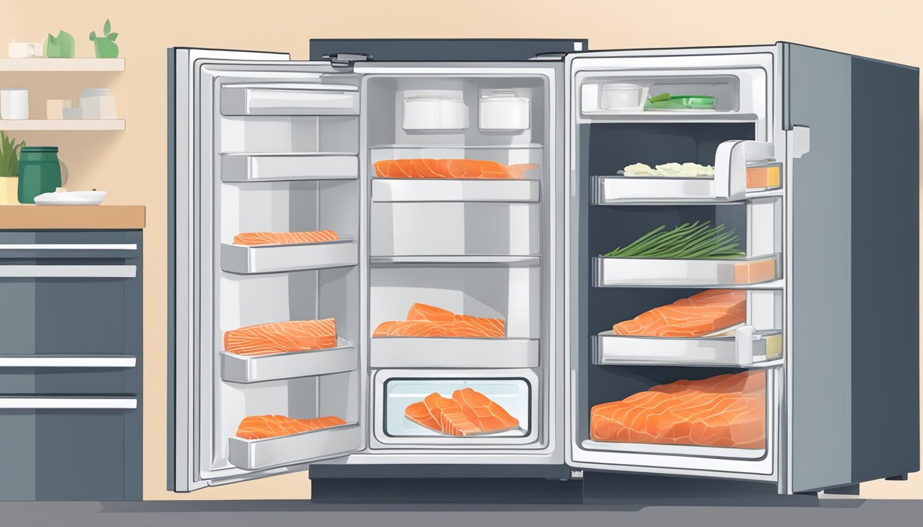 A refrigerator with a pack of smoked salmon inside, next to a label showing "Refrigerate after opening" symbol