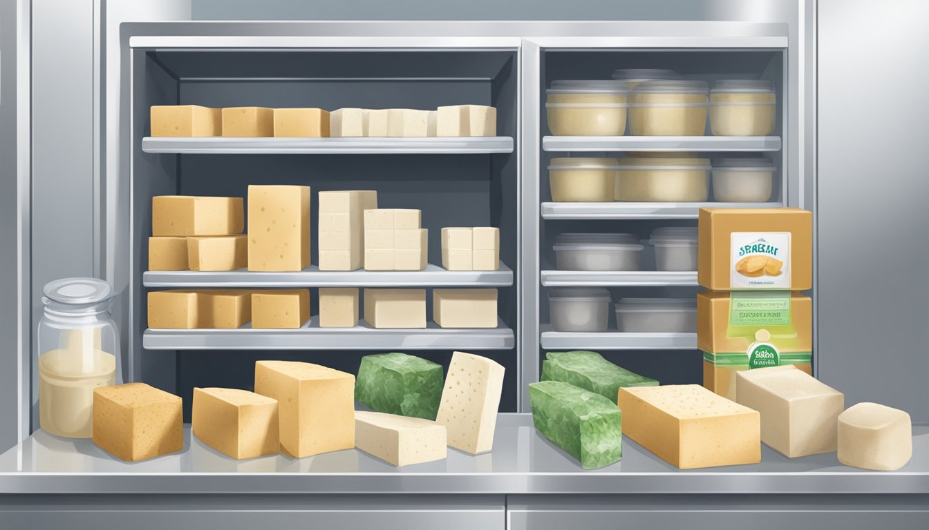 A block of tofu sitting on a shelf in a refrigerator next to various types of tofu products