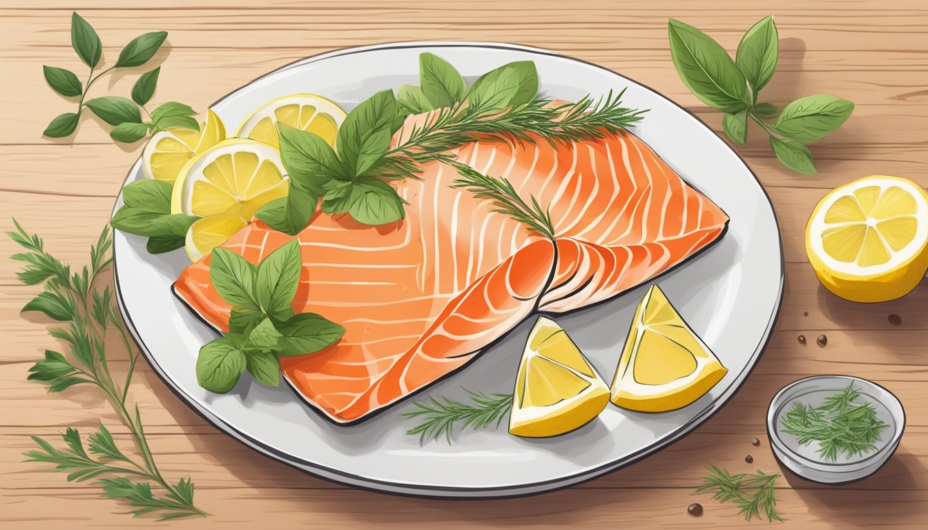 A plate of smoked salmon sits on a wooden cutting board, surrounded by lemon wedges and fresh herbs