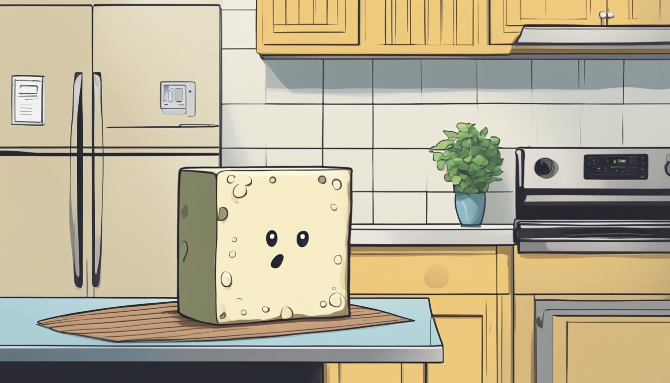 A block of tofu sits on a kitchen counter next to a refrigerator, with a question mark hovering above it