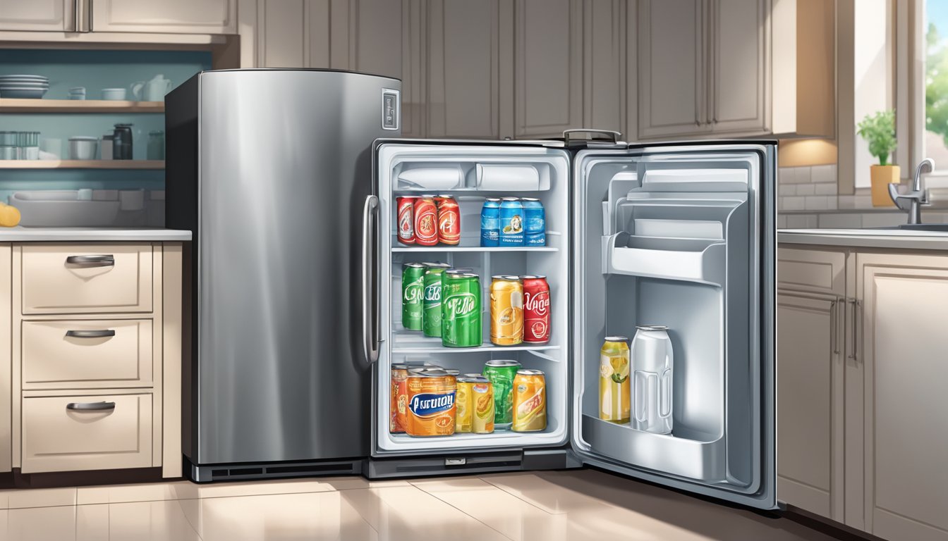 An open soda can sits on a kitchen counter next to a refrigerator. The refrigerator door is slightly ajar, with a cold mist escaping