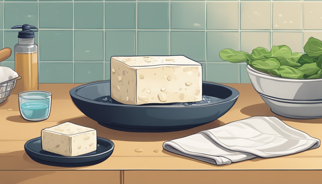 A block of tofu sits on a kitchen counter next to a bowl of water and a cloth towel. The tofu is being pressed and drained to remove excess moisture