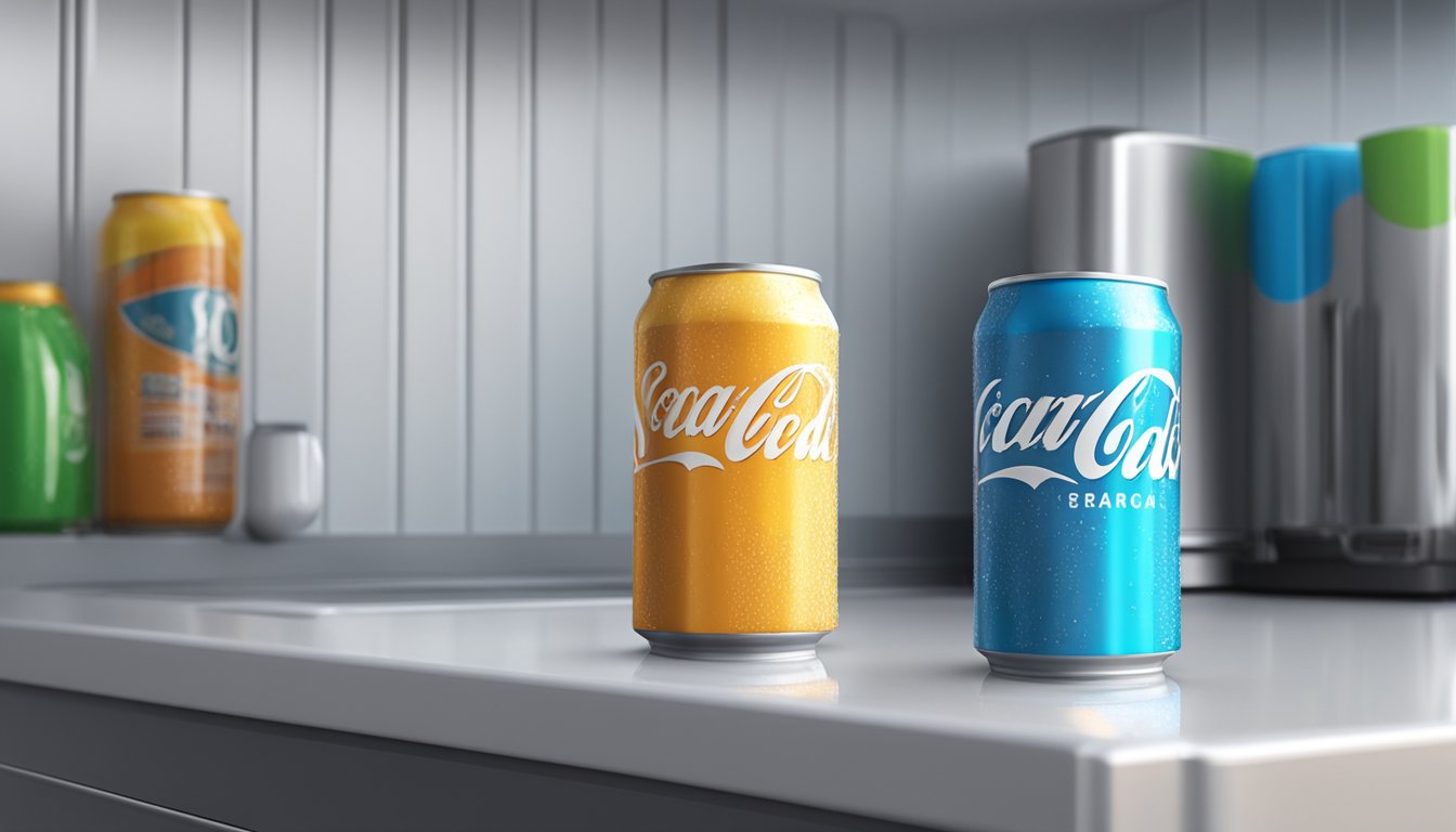 An open soda can sits on a counter next to a refrigerator, with condensation forming on the outside of the can