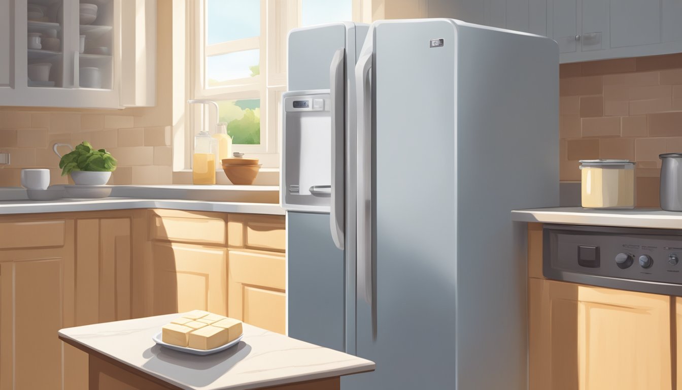 A block of tofu sits on a clean, organized kitchen counter, next to a refrigerator. The fridge door is slightly ajar, with a beam of light shining onto the tofu