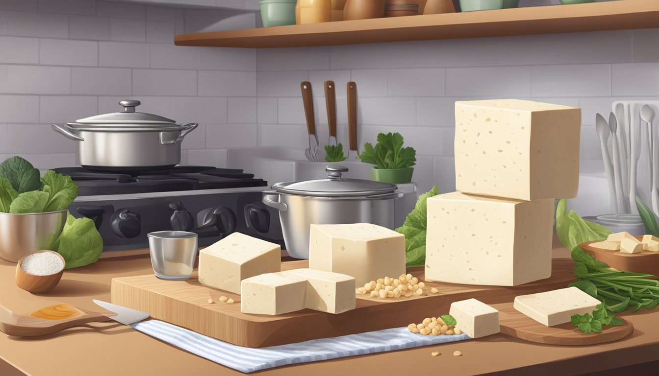 A block of tofu sitting on a kitchen counter, surrounded by various cooking utensils and ingredients