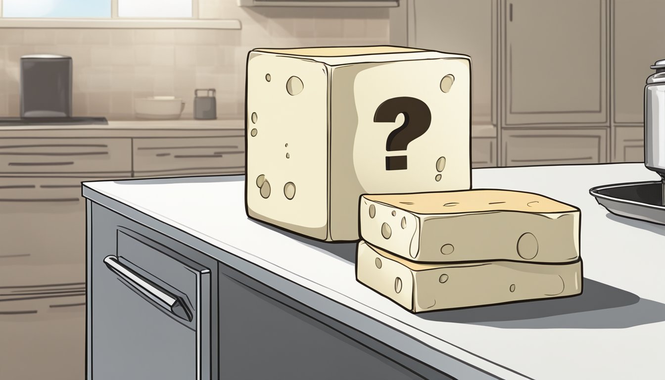 A block of tofu sits on a kitchen counter next to a refrigerator, with a question mark hovering above it