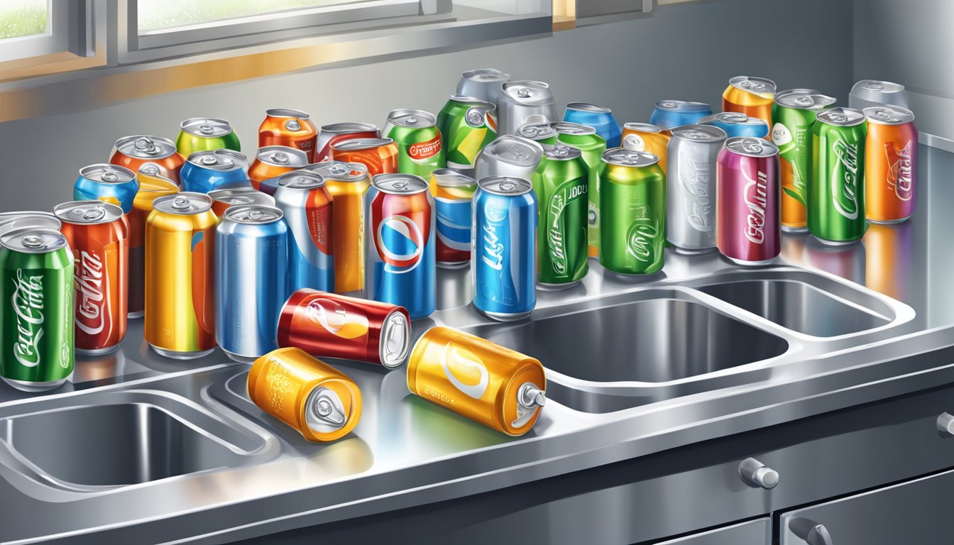 Open soda cans and bottles on a kitchen counter, some with condensation, others warm. Refrigerator door slightly ajar, with cold cans and bottles inside