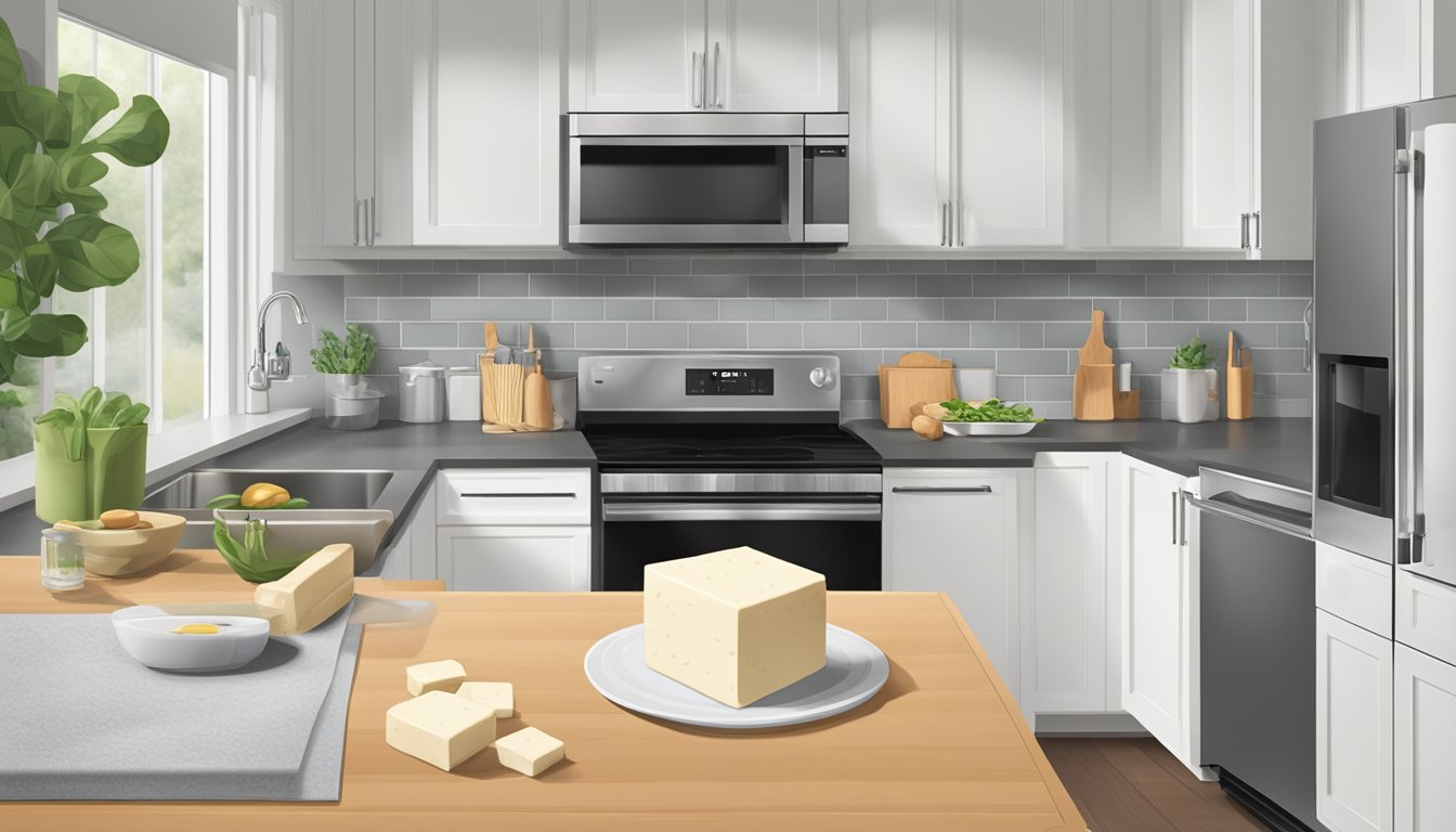 A block of tofu sits on a kitchen counter next to an open refrigerator. The packaging and labeling are visible, and a question mark hovers above the tofu