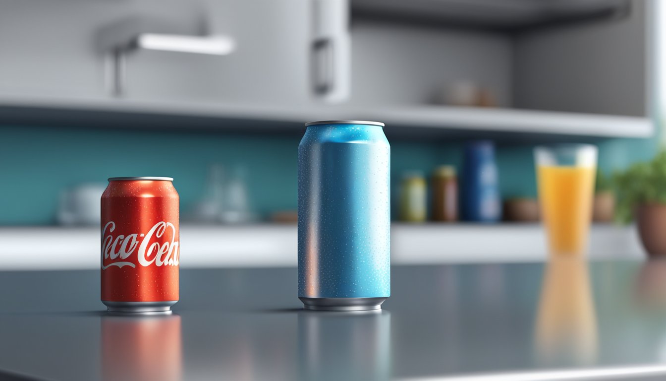 An open soda can sits on a countertop, surrounded by condensation. A refrigerator looms in the background