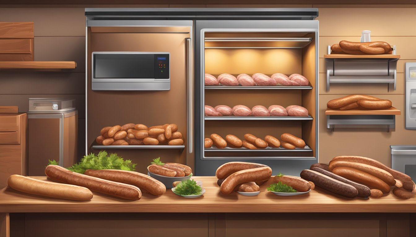 A variety of sausages displayed on a wooden shelf, some wrapped in packaging, others loose, with a refrigerator in the background